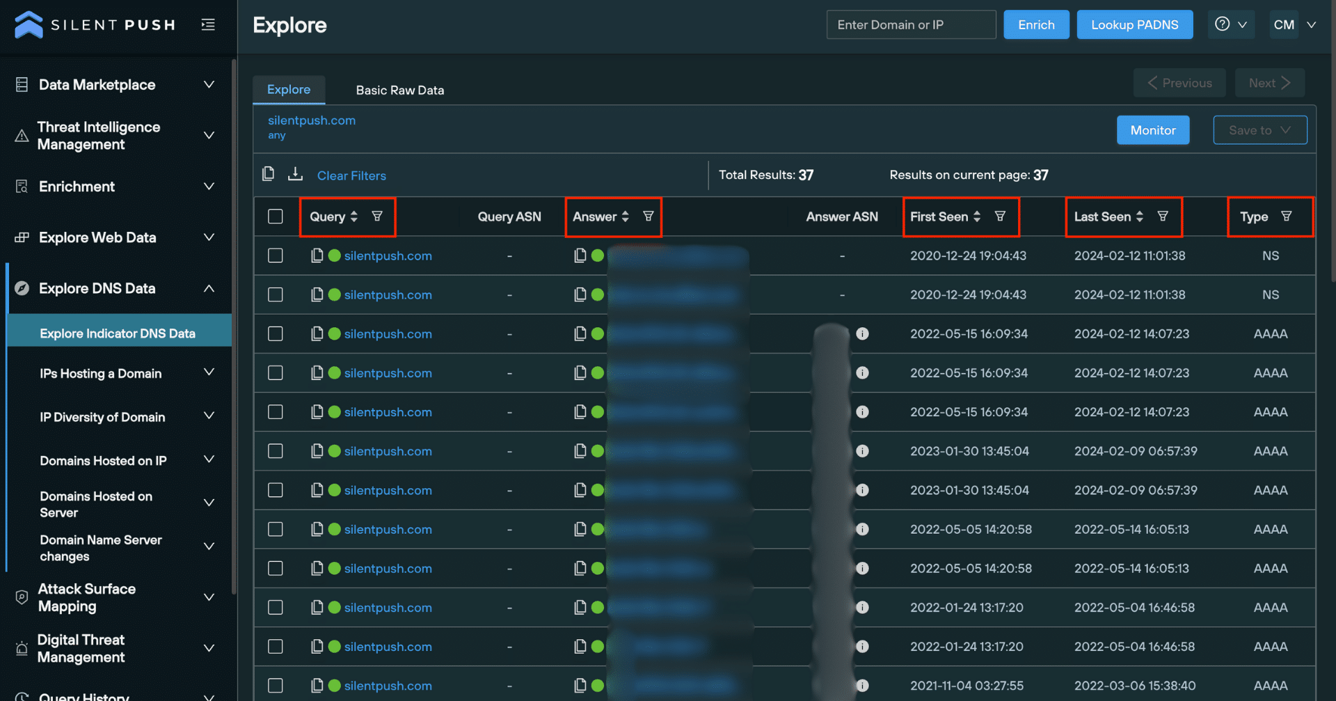 Passive DNS Lookup on Silent Push shows the Explore screen with different dataset filtering options. 