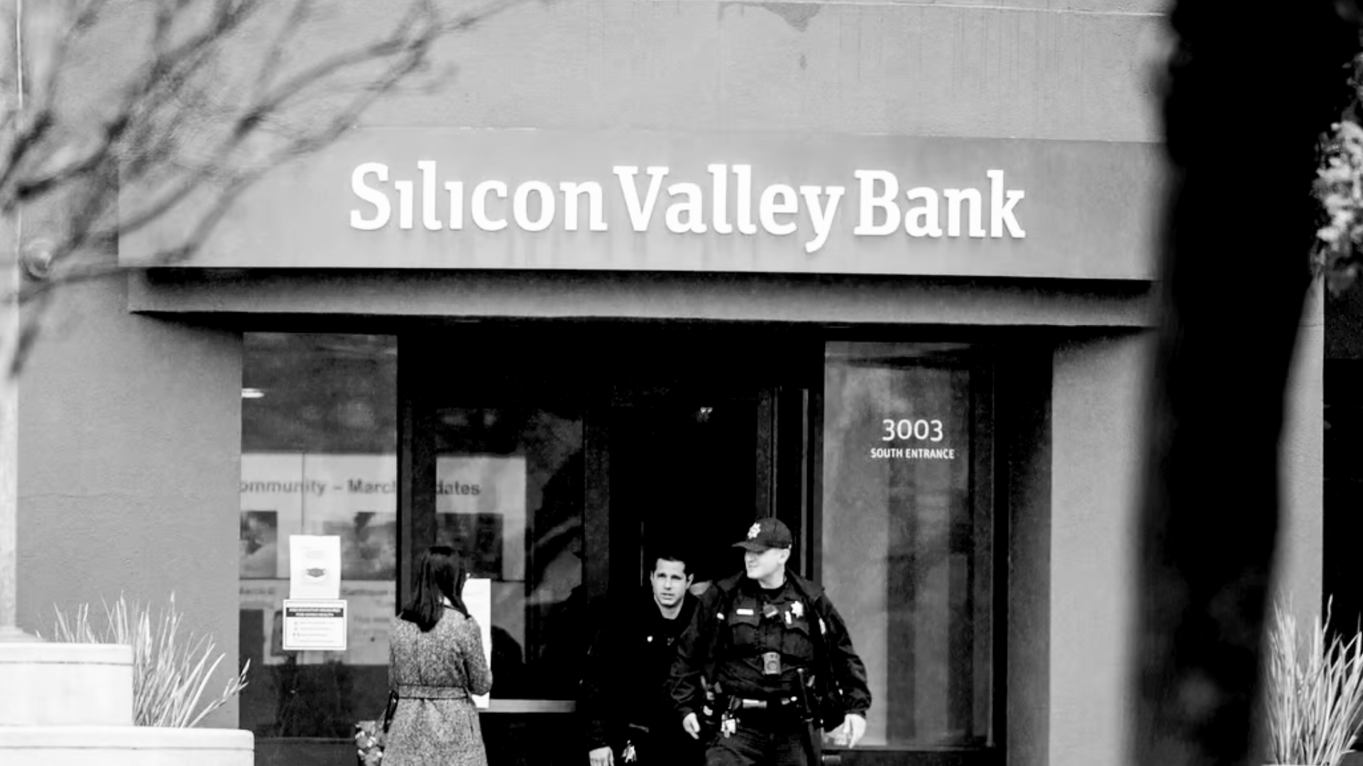 Silicone Valley Bank building in black and white