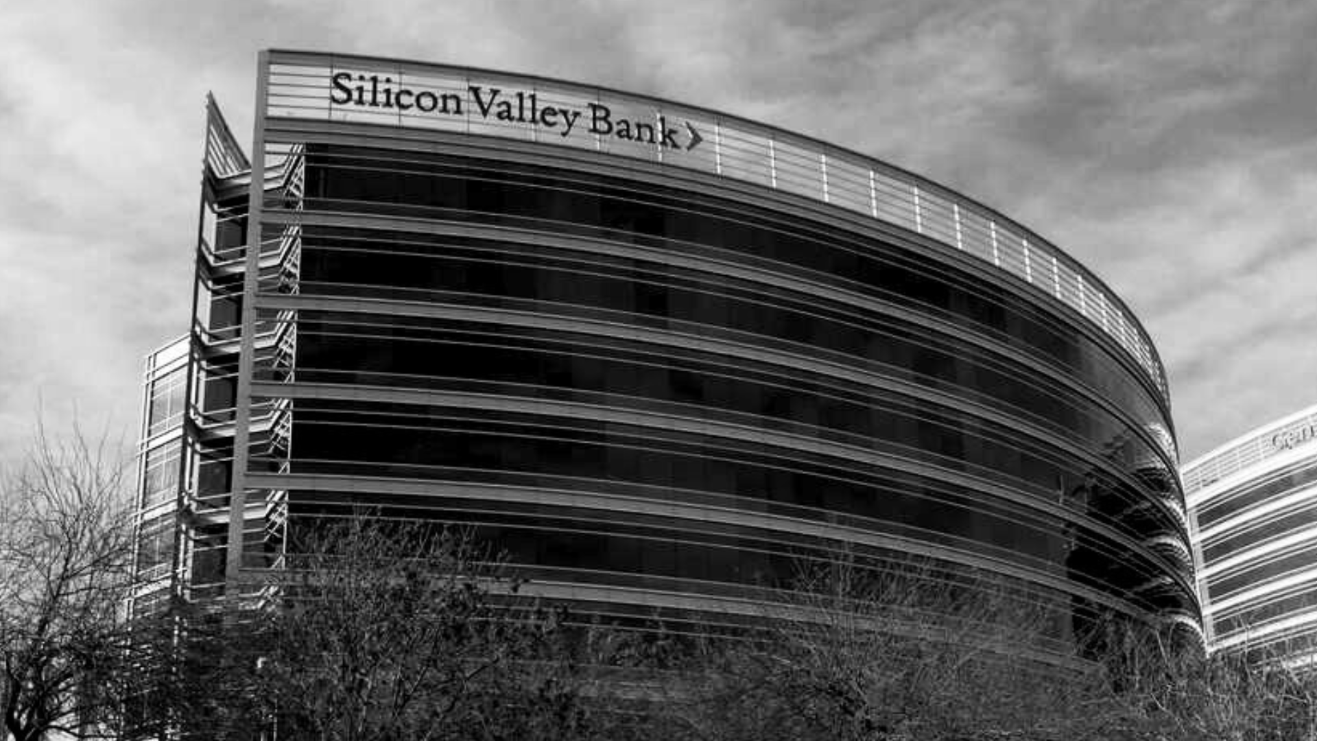Silicone Valley Bank building in black and white