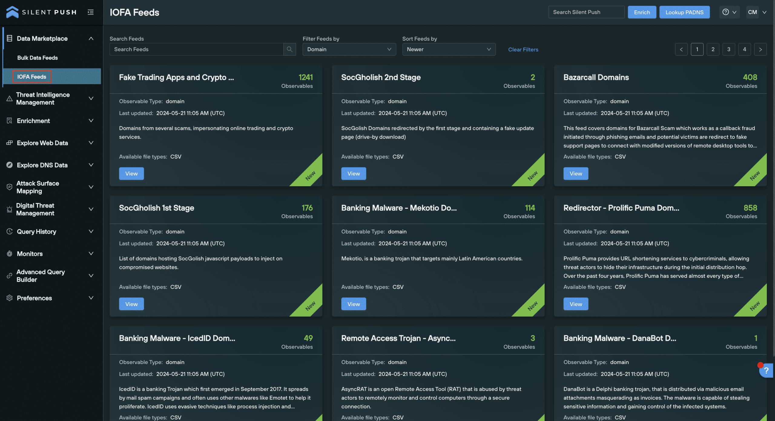 The Silent Push IOFA Feeds page that exists under Data Marketplace in the Silent Push Enterprise Edition.