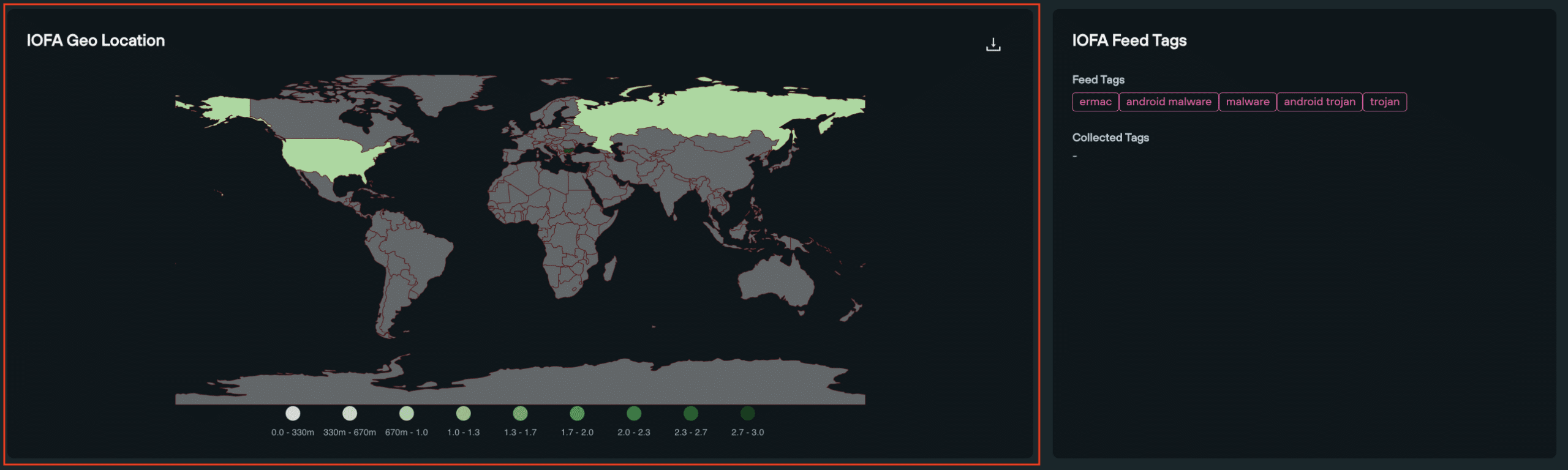 A map of the world in the Feed Analytics page which highlights the geo location of the observables.