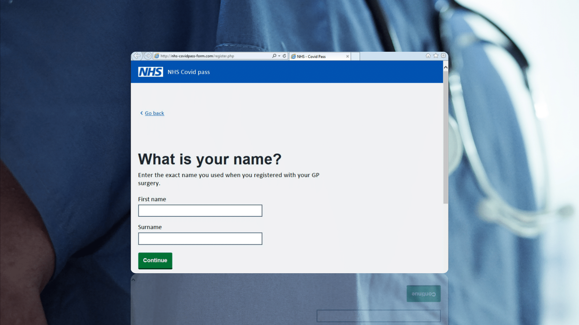 screenshot of the NHS Covid Pass user login webpage