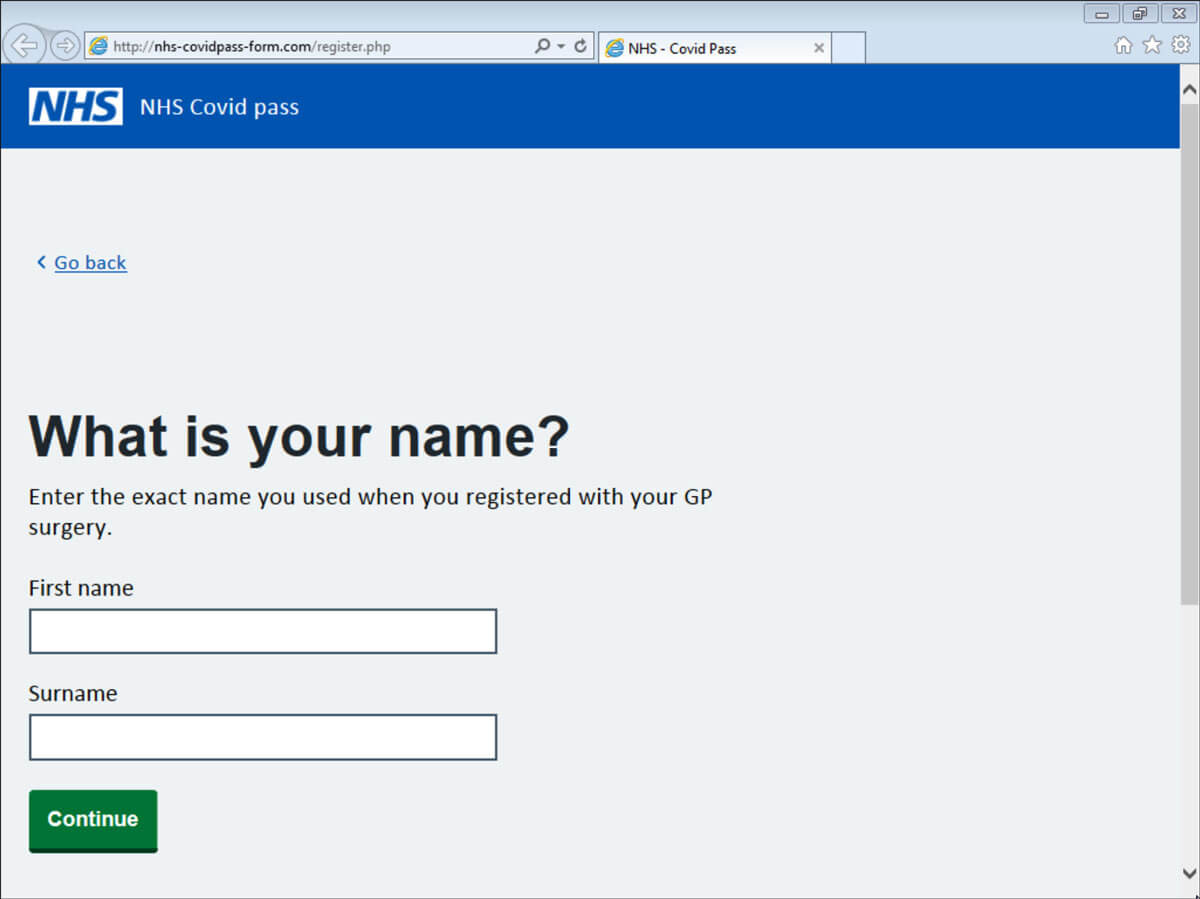 screenshot of the NHS Covid Pass user login webpage