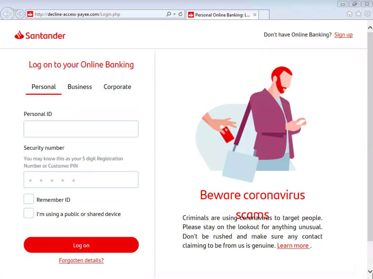 screenshot of Santander user login webpage