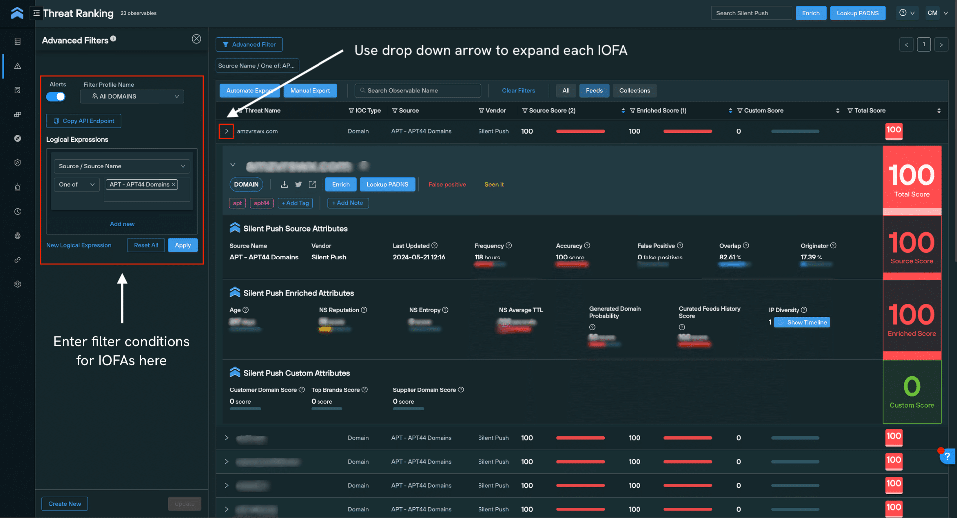 Threat Ranking Page which shows expandable observables with associated risk and reputation scores.