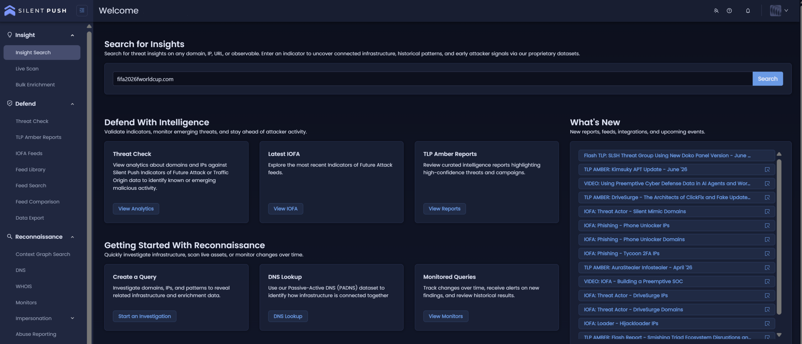 Screenshot of the Insight module that is part of the Silent Push platform