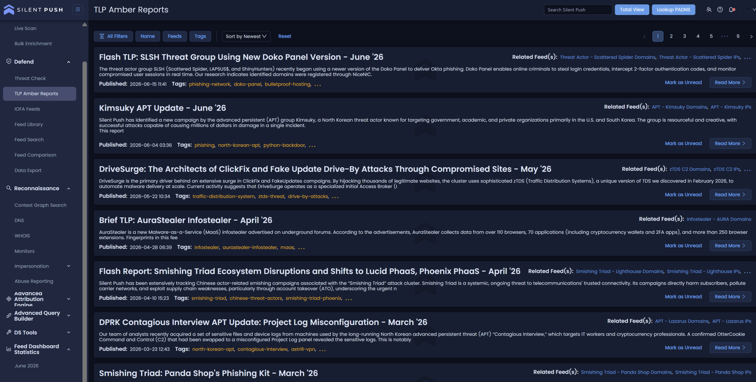 Screenshot of the Silent Push TLP Reports main page