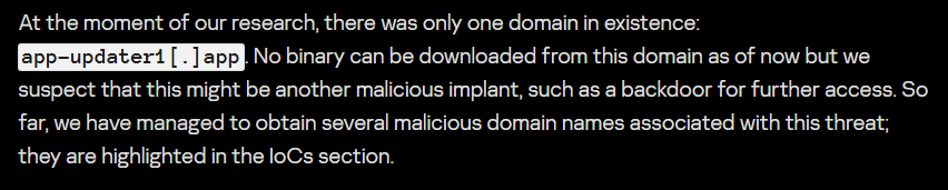 Securelist report screenshot mentioning the domain “app-updater1[.]app”