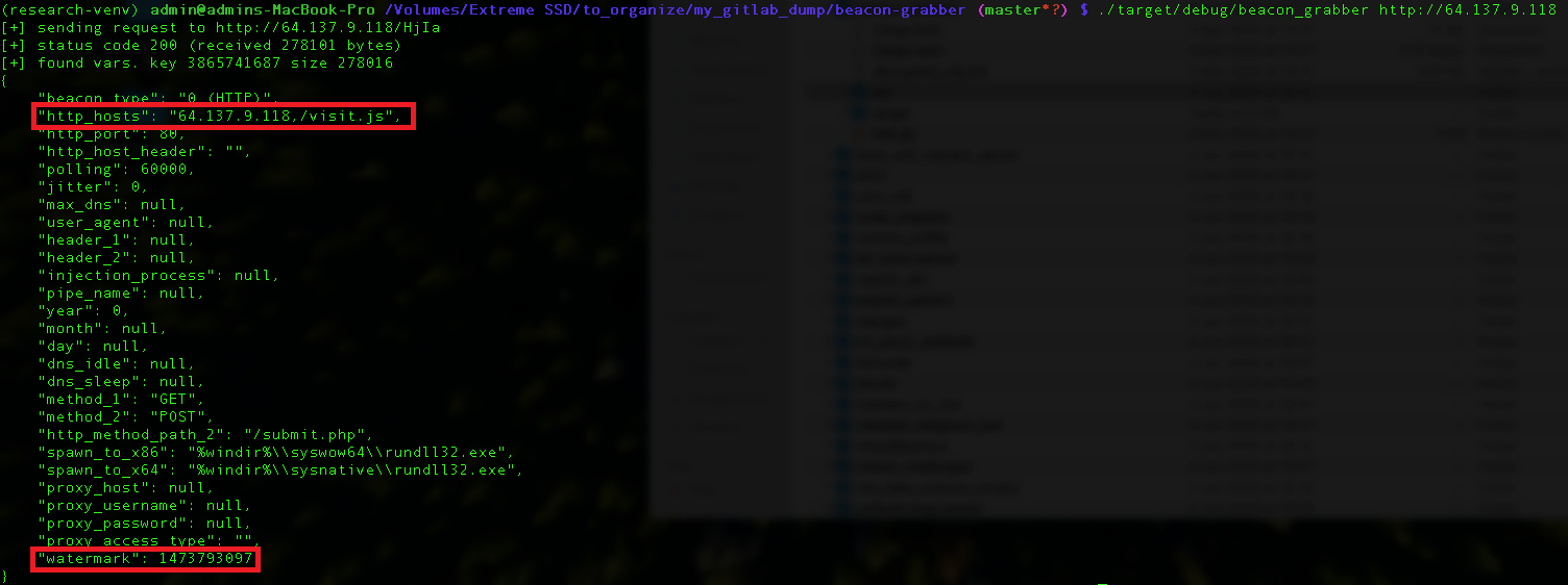 Screenshot of the fields captured included the “watermark” and “http_hosts” fields
