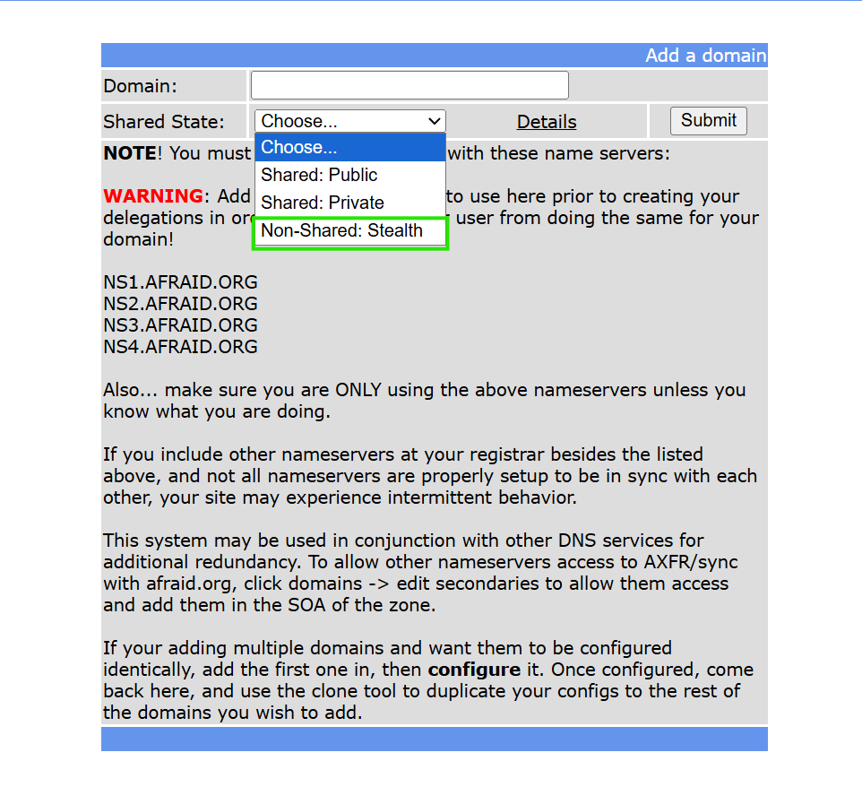 Screenshot of Freedns site search of afraid[.]org