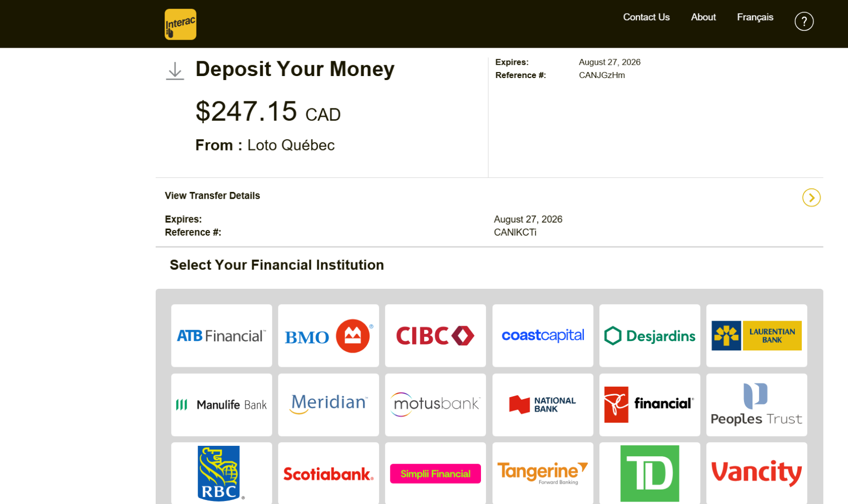 Fake Interac e-Transfer "deposit" page at etranferts[.]com