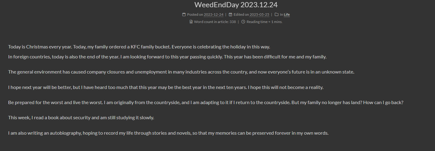 Screenshot of Liu's Christmas blog post in 2023