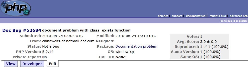 Screenshot of the PHP forum with a "Doc Bug" submitted