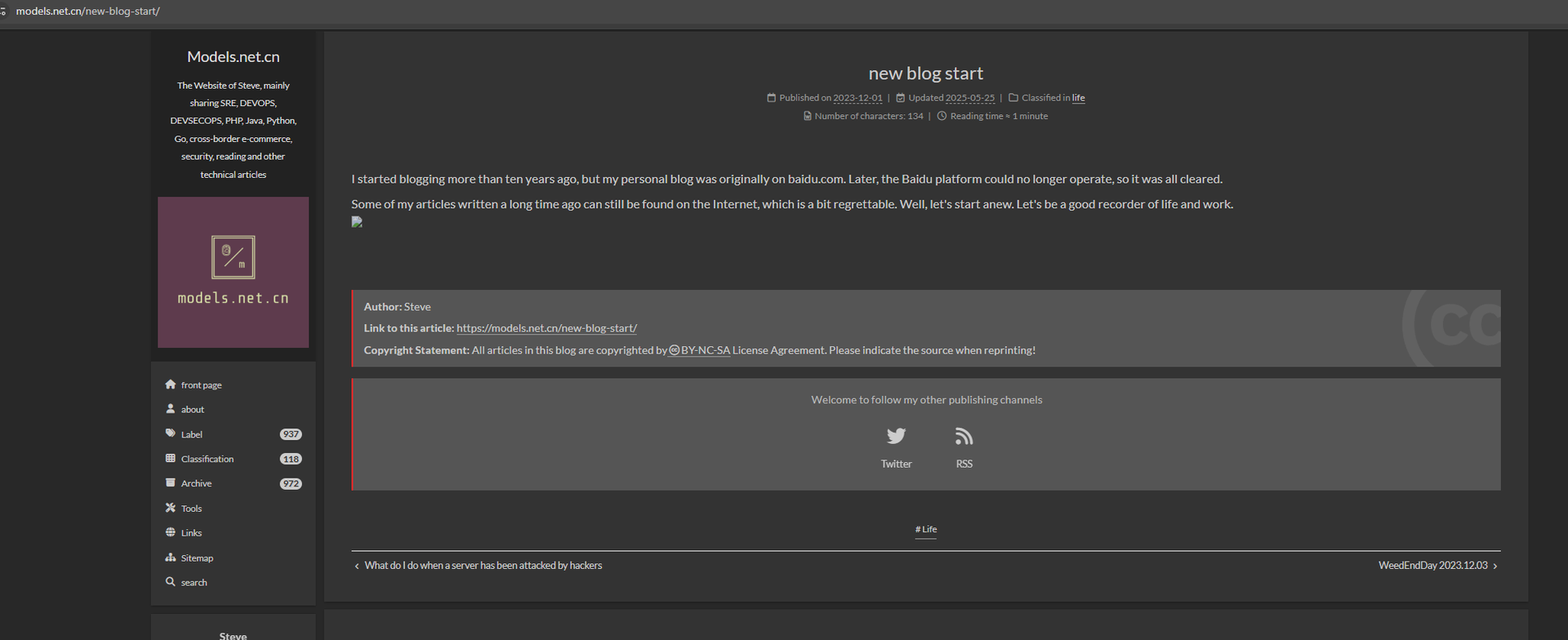Screenshot of Liu's blog starting on his site Models[.]net[.]cn