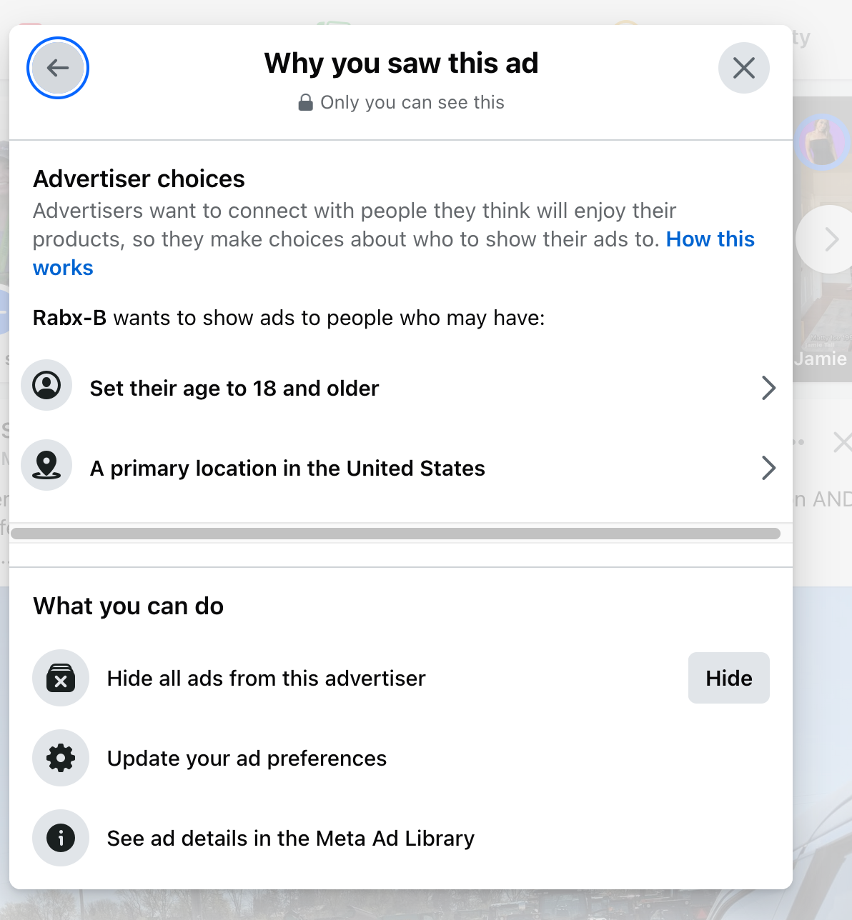 Facebook Marketplace "Why You Saw This Ad" advertiser details showing "Rabx-B"