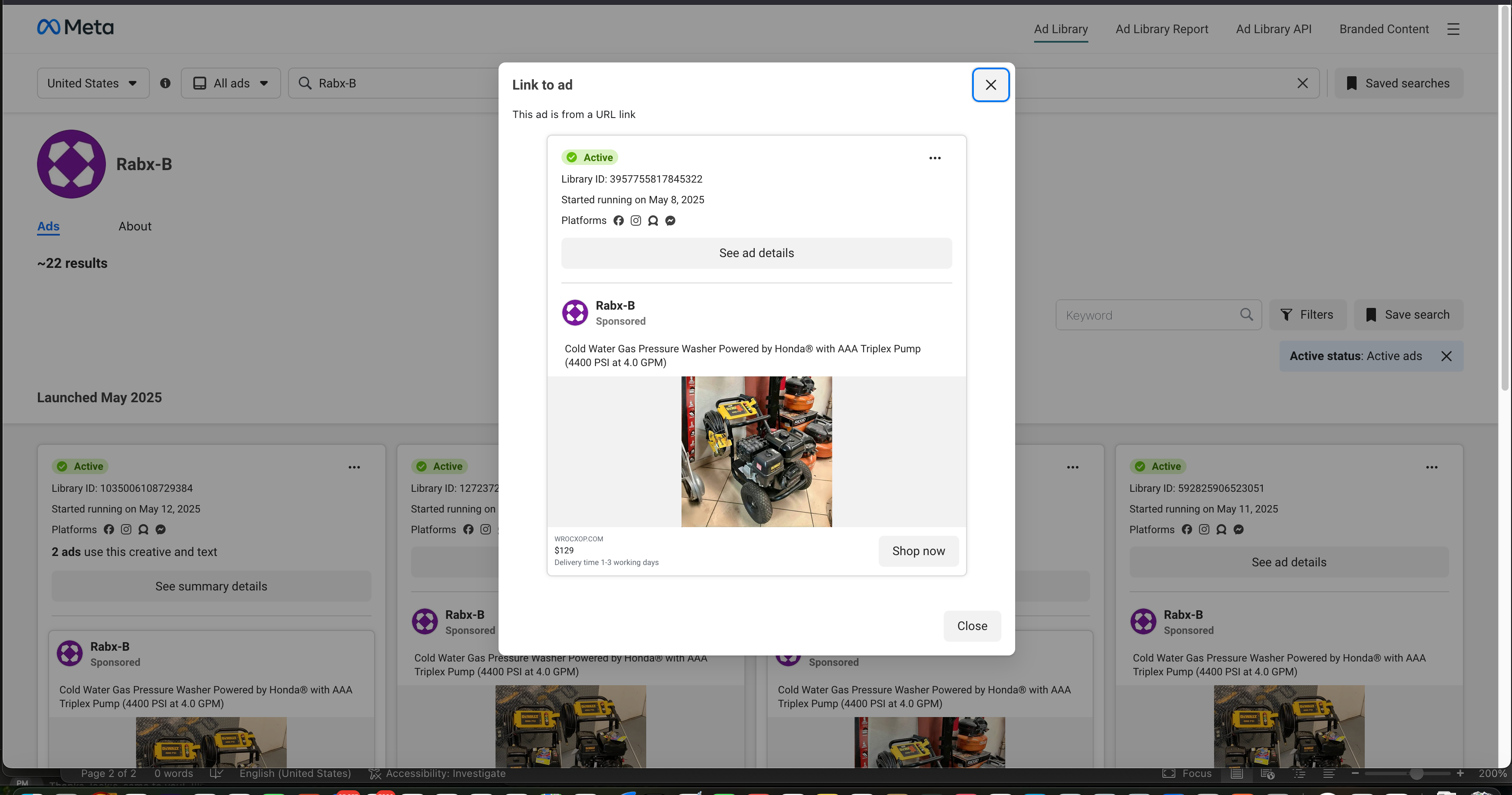 Screenshot of Meta Ad Library showing Rabx-B with 22 results