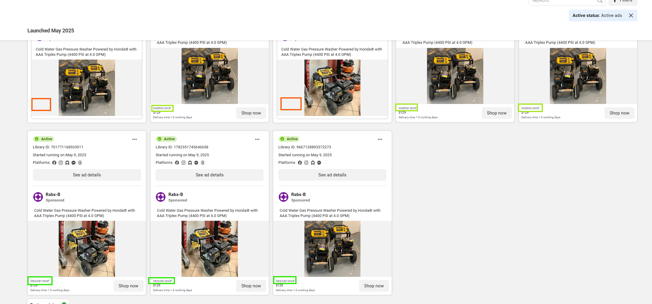 Screenshot of Meta Ad Library showing all 22 Rabx-B ads with multiple domains used, seen May 16, 2025