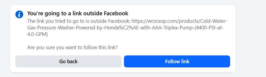 Screenshot showing interstitial on Facebook after clicking Rabx-B ad promoting "wrocxop[.]com" that doesn't mention actual URL redirect
