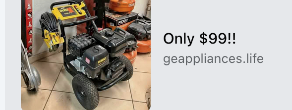 Screenshot of our discovering a fake Facebook ad hosted on "geappliances[.]life" May 16, 2025