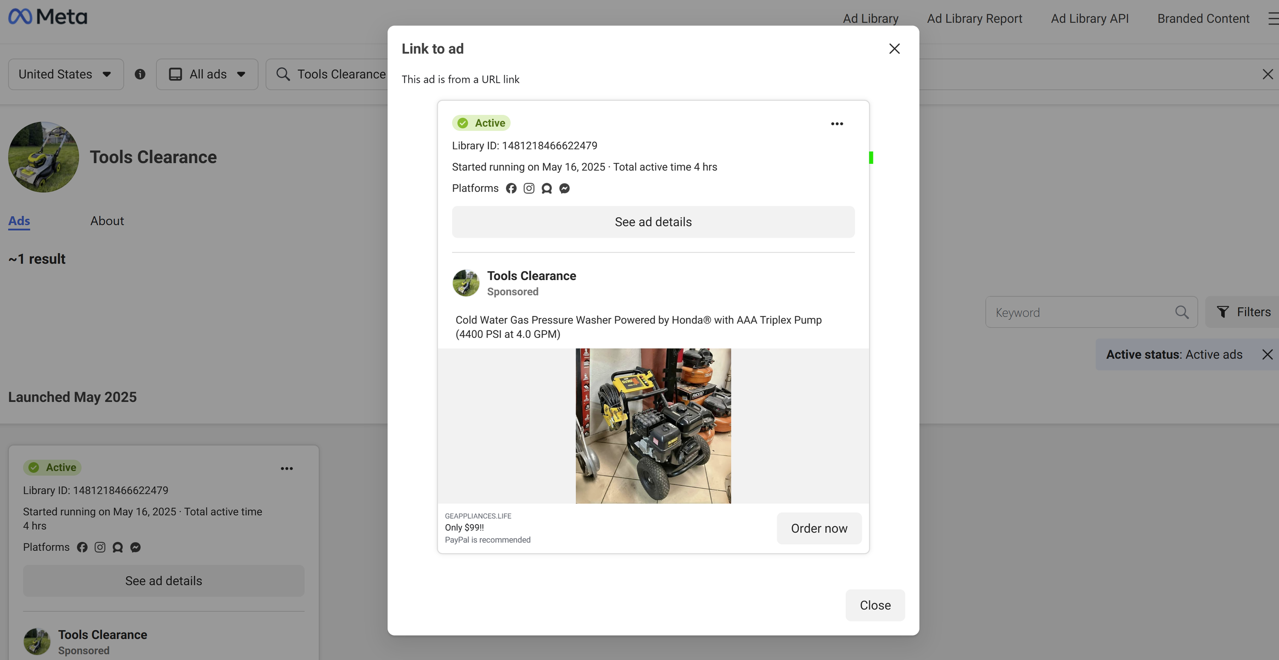 Screenshot from "Tools Clearance" Facebook page via the Meta Ad Library