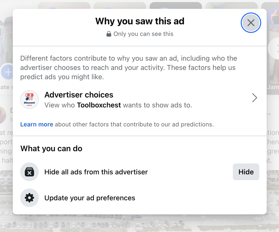 Screenshot "Why You Saw This Ad" for who "Toolboxchest" wants to show you