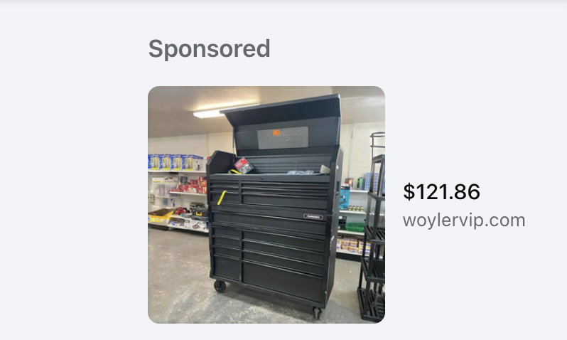 Screenshot of phony ad for a heavy-duty rolling tool chest for the ridiculous price of $121.86