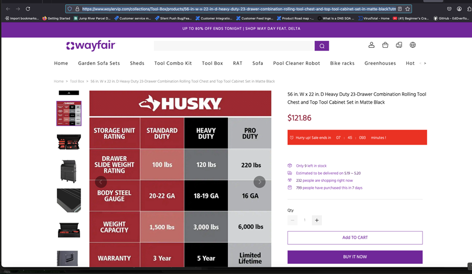 Screenshot of phony ad impersonating Wayfair for Husky tool box products