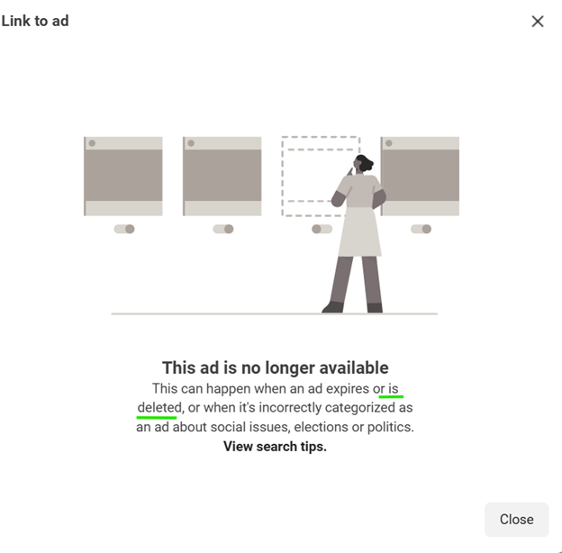 Screenshot taken May 27, 2025 showing the threat actor must have stopped the campaign since all ads were gone from the library