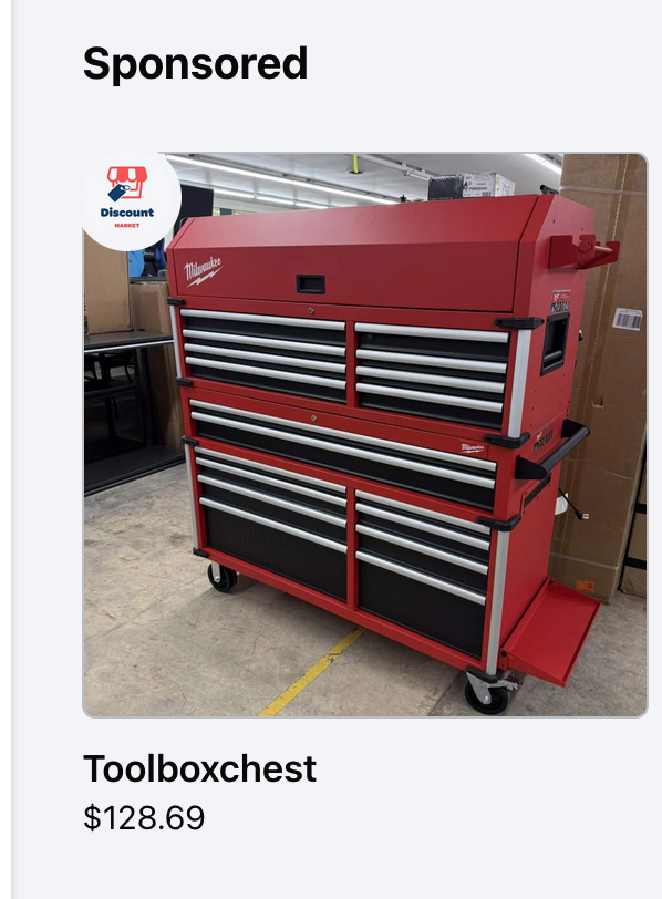 Screenshot of a second example ad spoofing a Milwaukee tool chest for only $128.69