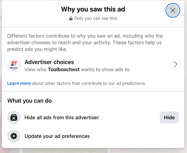 Screenshot of "Why You Saw This Ad" telling who Toolboxchest wants to show ads to