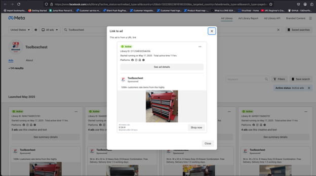 Screenshot of a fake tool chest ad before it quickly disappeared