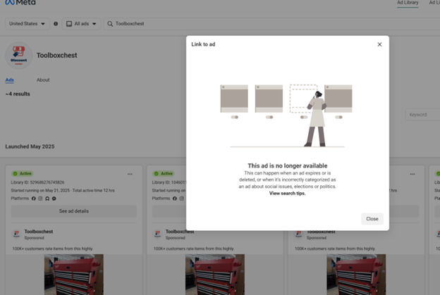 Screenshot May 27, 2025 showing the fake tool chest ad was no where to be found