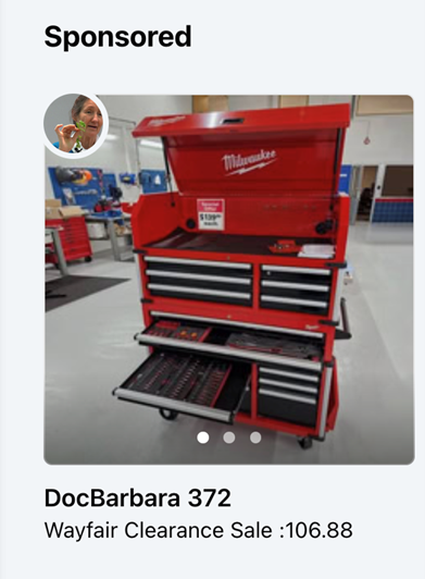 Fake Wayfair ad spoofing Milwaukee for a tool chest priced at $106.88 on DocBarbara 372's Facebook page