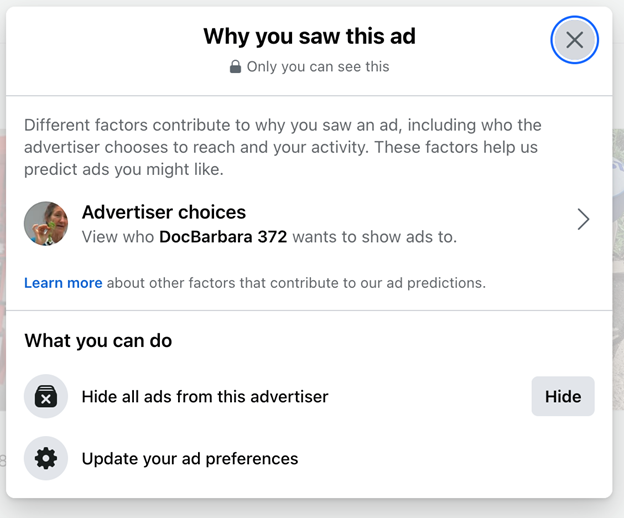 Screenshot of DocBarbara 372's Facebook page and "Why You Saw This Ad" notification