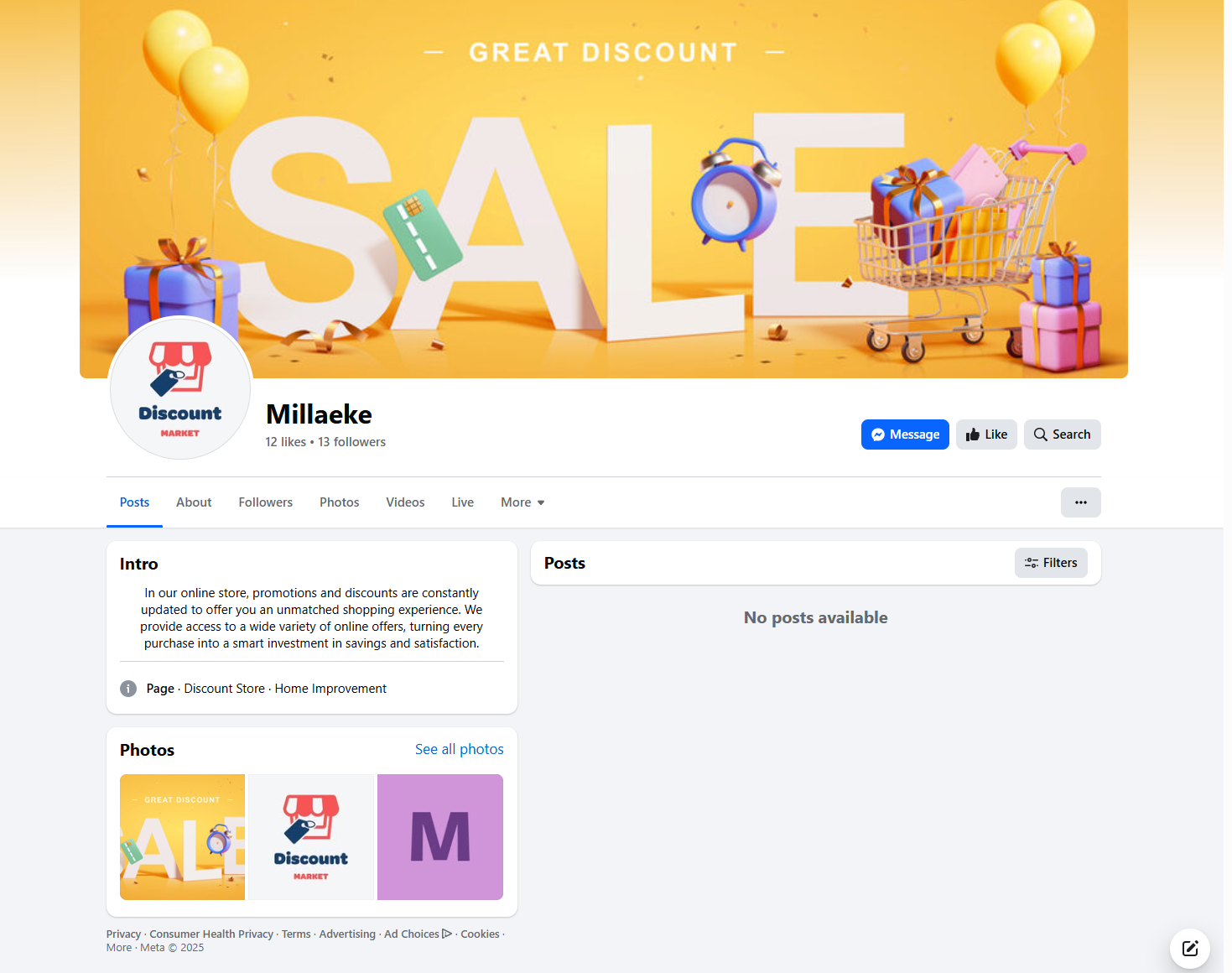 Screenshot of the Facebook page "Millaeke" showing all posts had disappeared