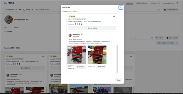 Screenshot showing when the fake tool chest ads were displayed on DocBarbara 372's Facebook page