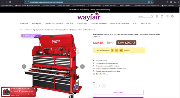 Another fake Wayfair ad spoofing Milwaukee for a tool chest on sale at the domain "supersale[.]top"