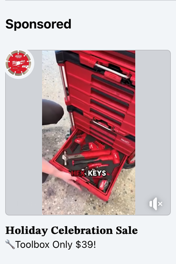 Screenshot of a "Holiday Celebration Sale" offering a tool chest at the ridiculous price of only $39.00