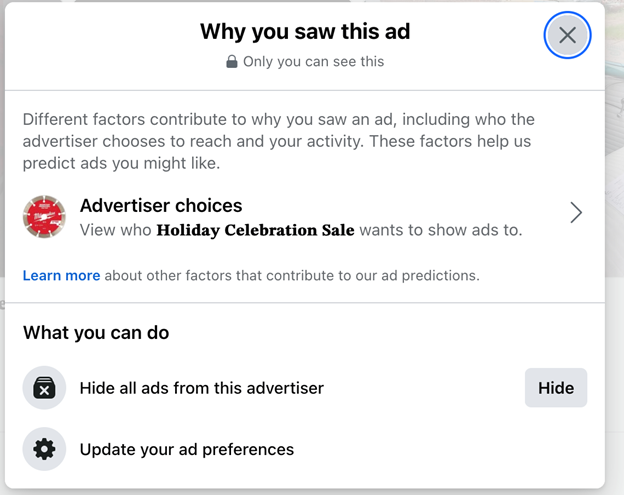 Screenshot of Facebook "Why You Saw This Ad" notification of "Holiday Celebration Sale" wanting to show you their ads