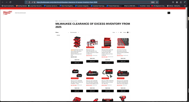 Screenshot showing a spoof of "Milwaukee Clearance of Excess Inventory from 2025" tools sale