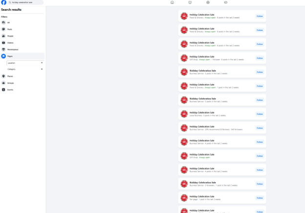 Screenshot showing dozens of pages with the same "Holiday Celebration Sale" name and logo on Facebook