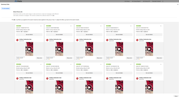 Screenshot of multiple ads that were part of the "Holiday Celebration Sale" scam