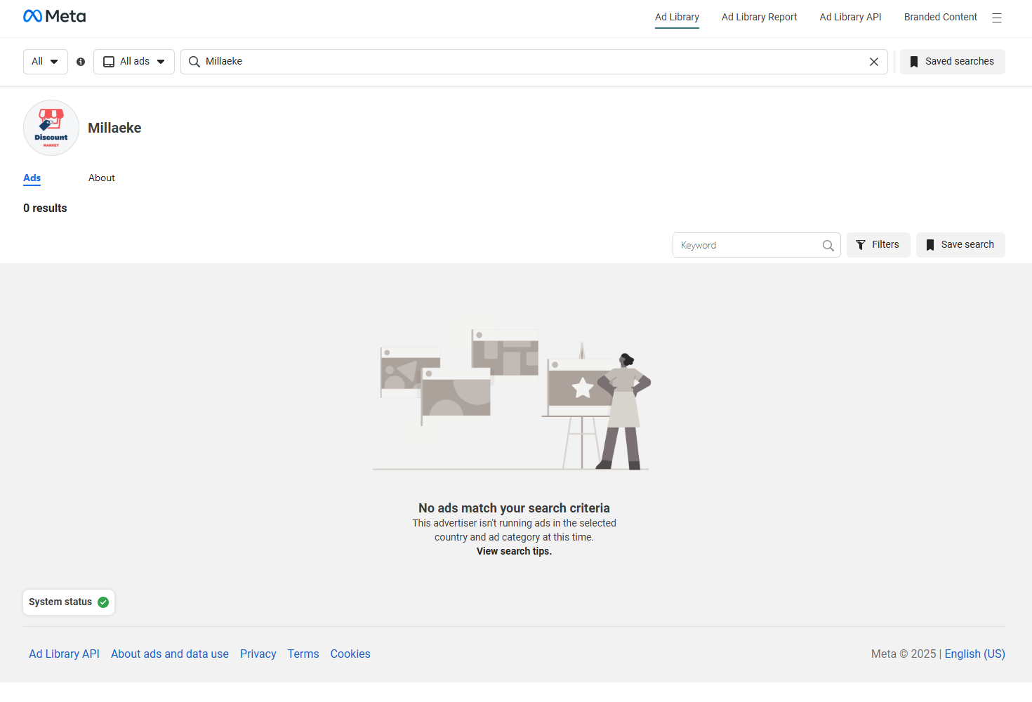 Screenshot of the Meta Ad Library showed no ads for "Millaeke"