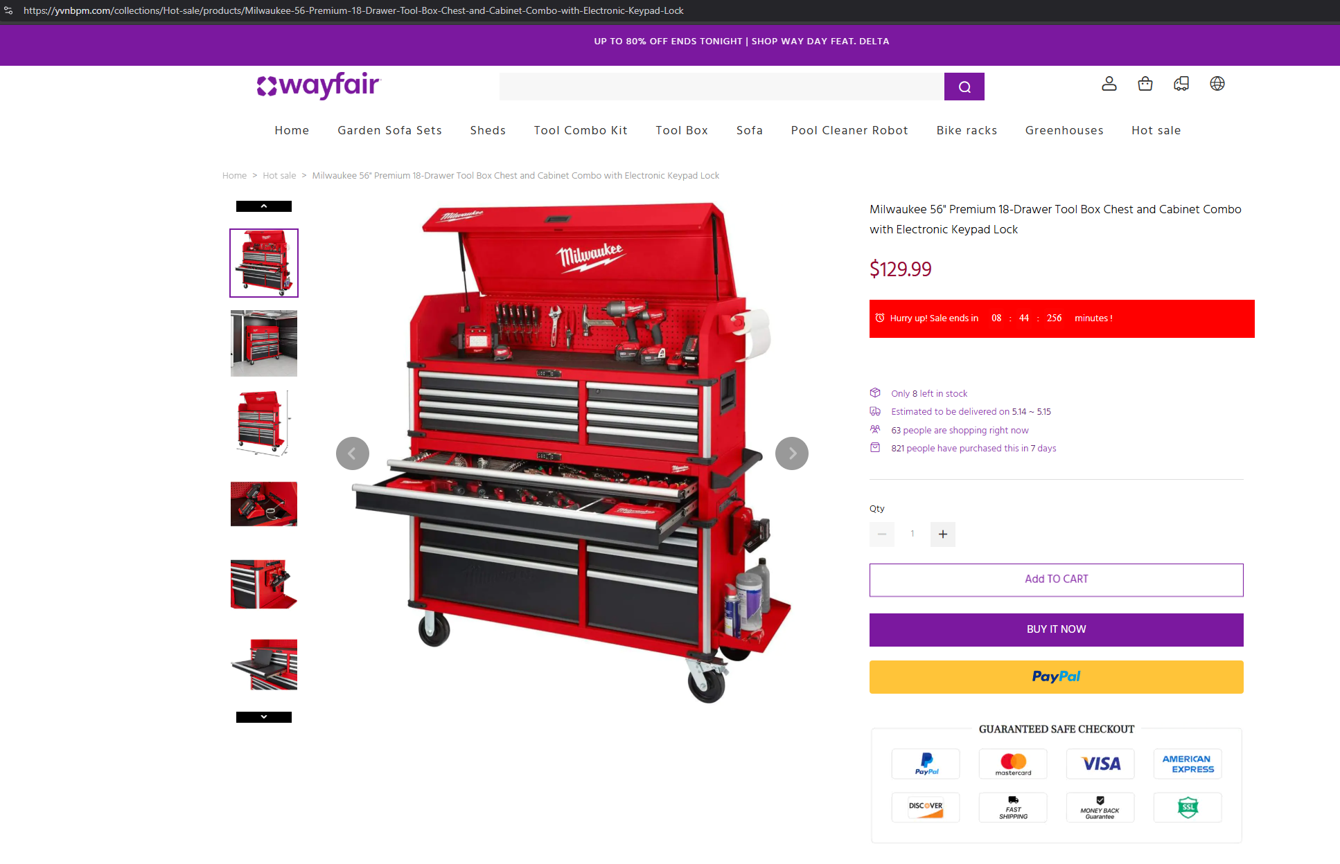 Fake ad spoofing Milwaukee brand tool chest ad on "yvnbpm[.]com"