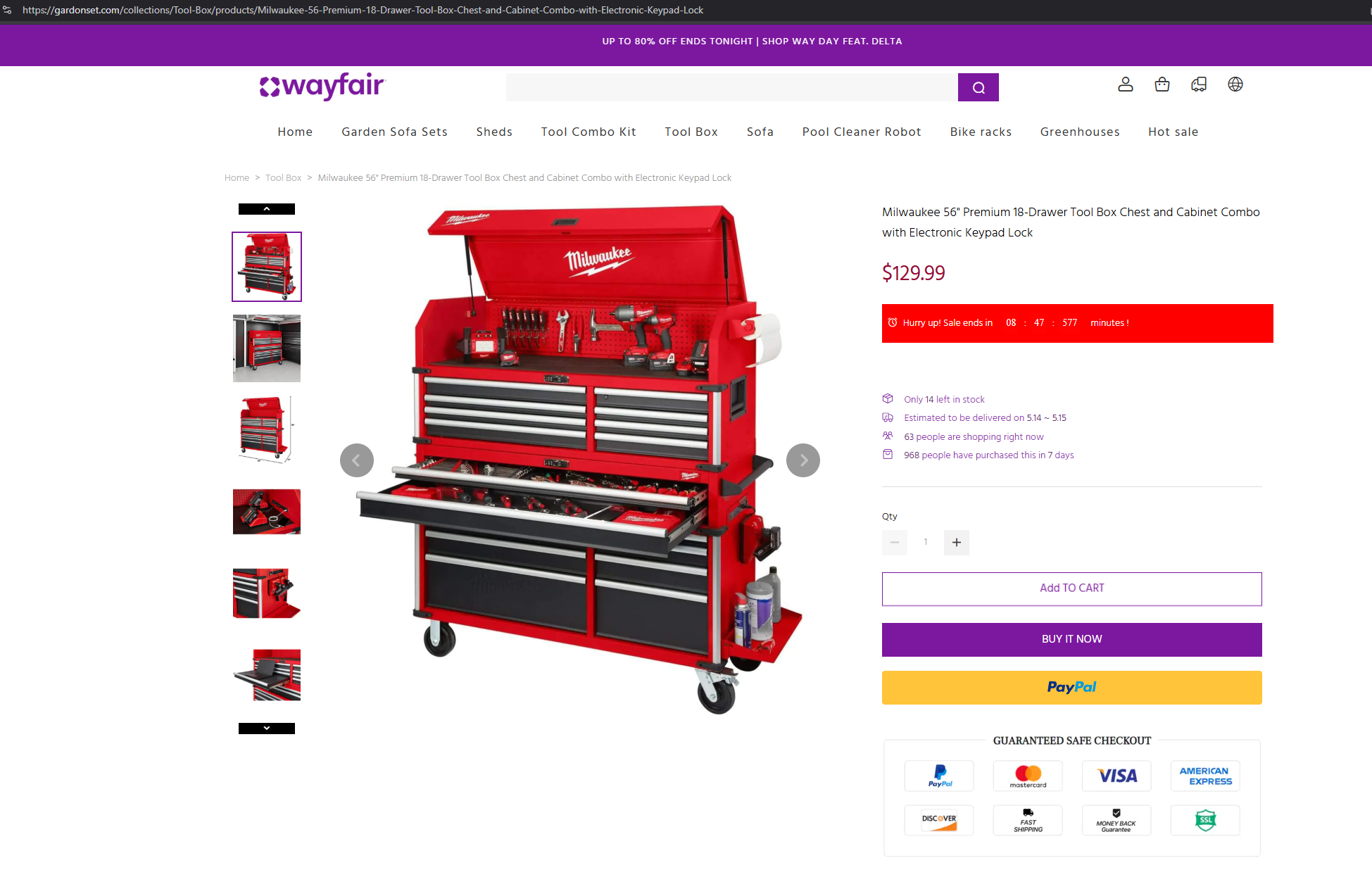 Fake ad spoofing Milwaukee brand tool chest ad on "gardonset.]com"