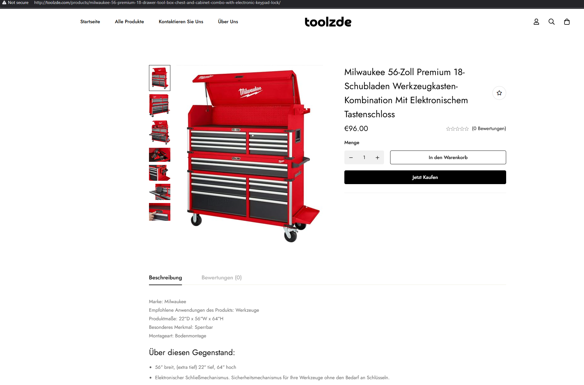 Fake ad spoofing Milwaukee brand tool chest ad on "toolzde[.]com"