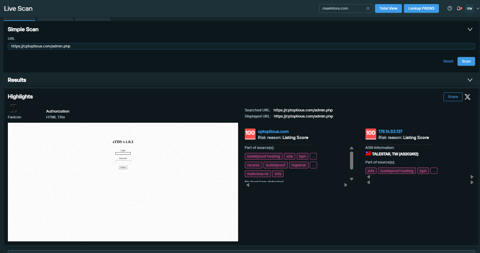 Screenshot of LIVE SCAN confirming zTDS, fig. 14