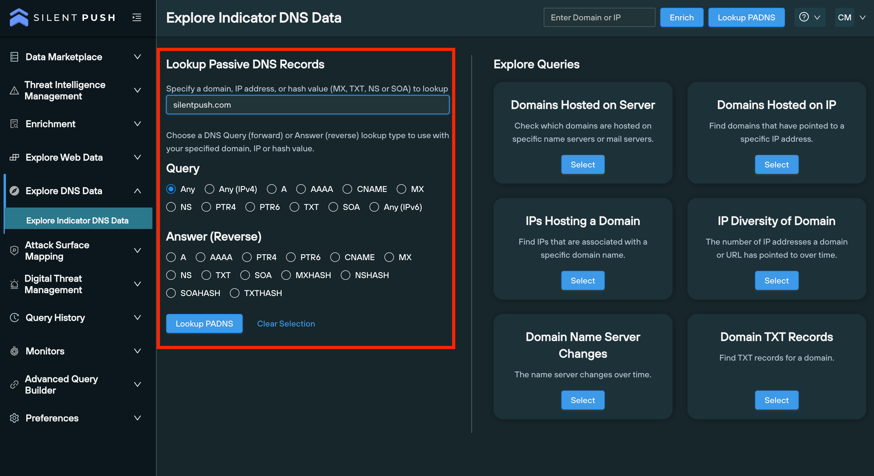 the explore indicator dns data page allows you to enrich data and execute advanced queries
