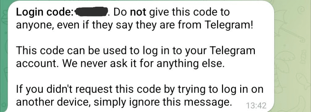 Telegram phishing message showing fake login code for user.